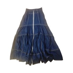 Anthropologie Free People Denim Tiered Maxi Skirt Blue Zip Front OB2358674 30W